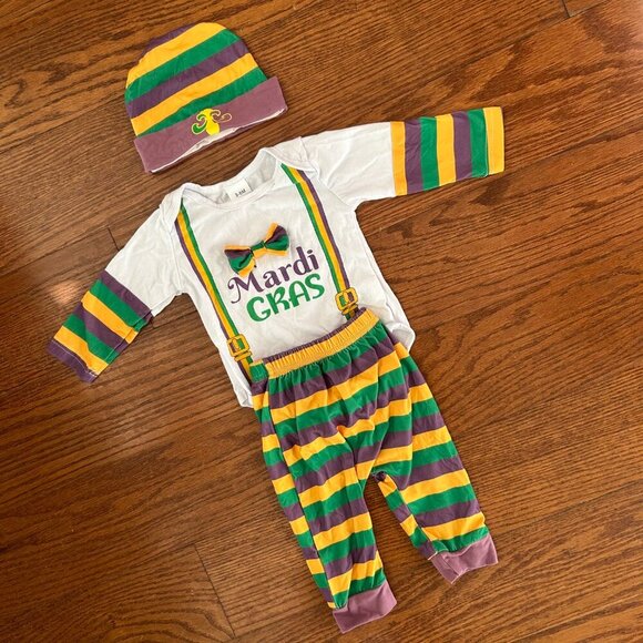 Baby Boy Mardi Gras Set Long Sleeve Bow Bodysuit Pants Hat Size 3-6 Months - Picture 3 of 13